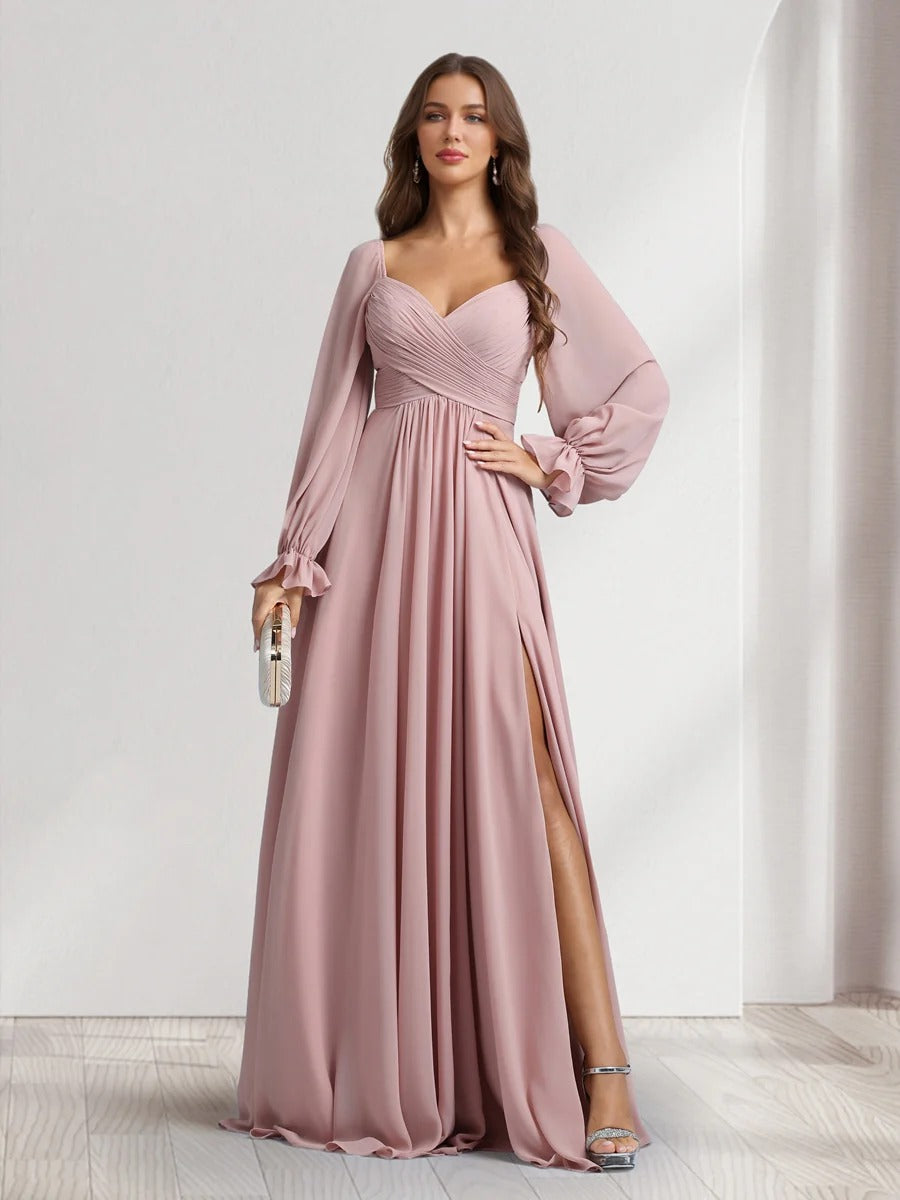 A-Line/Princess Chiffon Sweetheart Long Sleeves Floor-Length Bridesmaid Dresses with Pleats&Side Slit