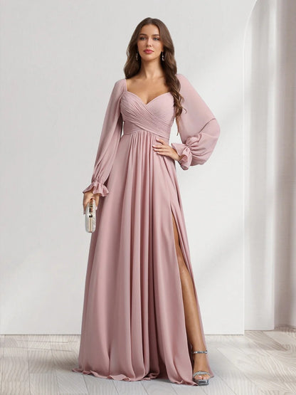 A-Line/Princess Chiffon Sweetheart Long Sleeves Floor-Length Bridesmaid Dresses with Pleats&Side Slit