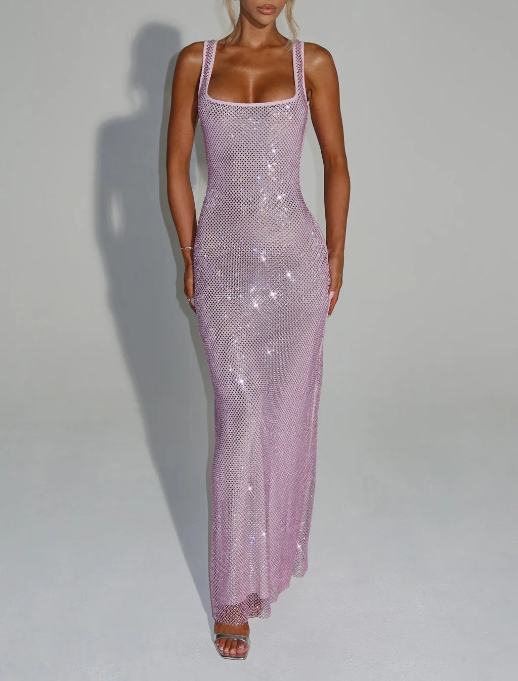 Sparkling Cocktail Dress Mermaid Birthday Dress Floor-Length Square Neck Party Dress With Opened Back Christmas