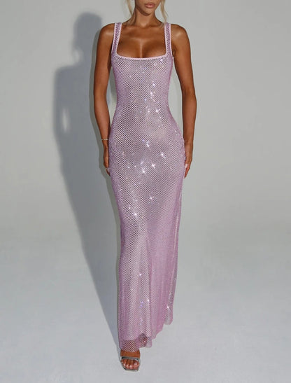 Sparkling Cocktail Dress Mermaid Birthday Dress Floor-Length Square Neck Party Dress With Opened Back Christmas