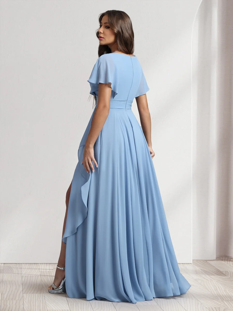 A-Line/Princess Chiffon V-Neck Short Sleeves Floor-Length Bridesmaid Dresses with Ruffle&Side Slit