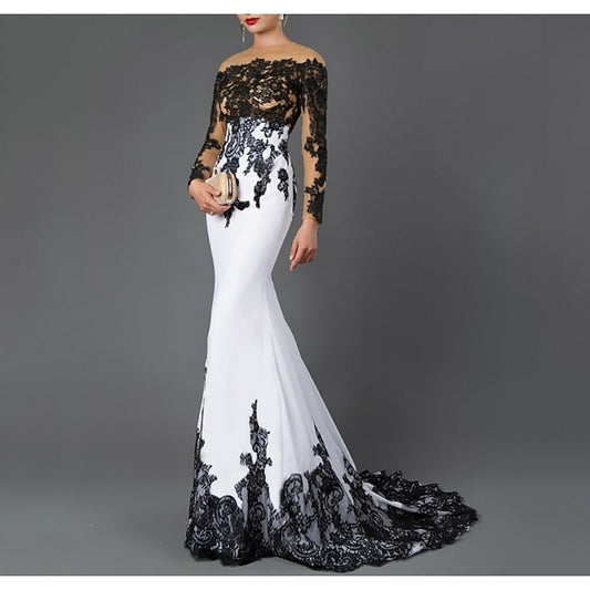 Mermaid Mother Of The Bride Dress Color Block Evening Dress Wedding Party Sweep / Brush Train Long Sleeve Off Shoulder Fall Wedding Reception Stretch Fabric with Lace