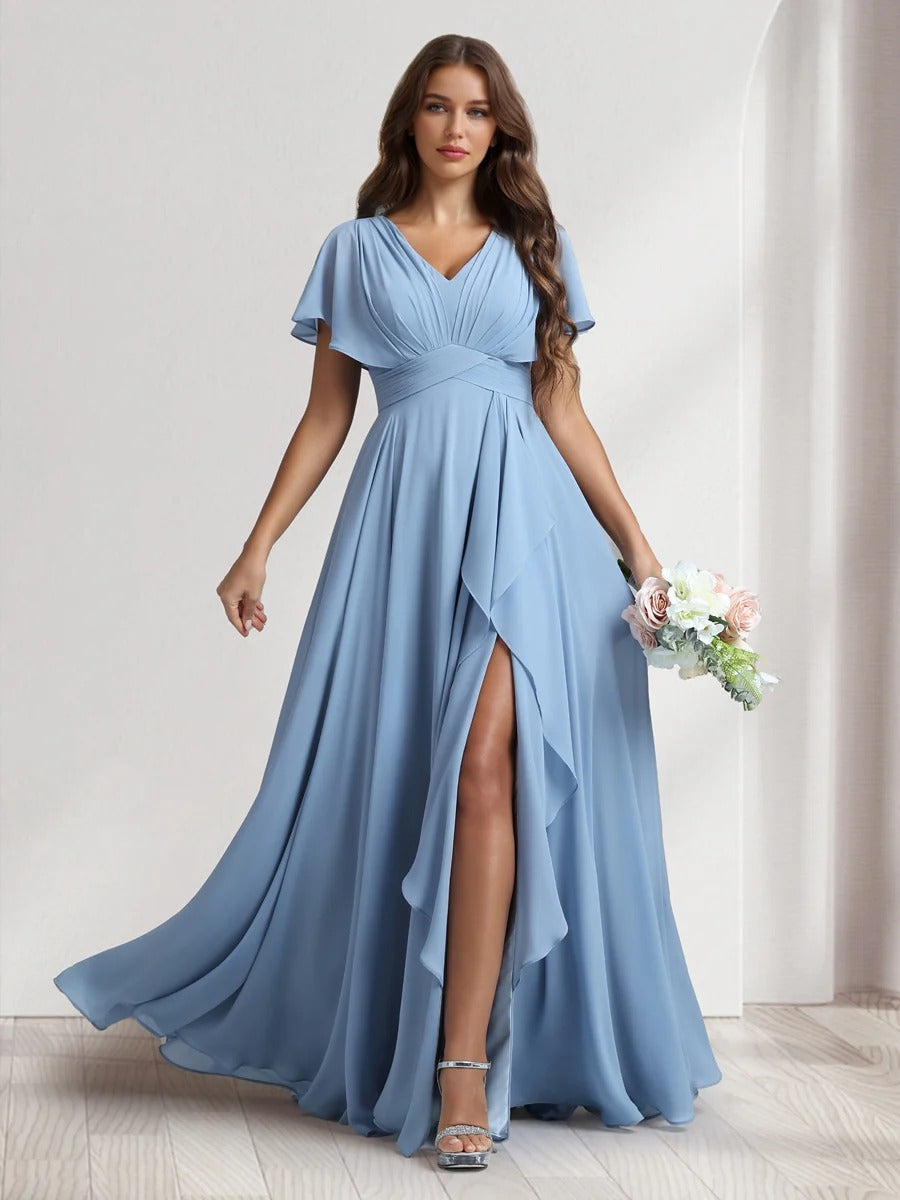 A-Line/Princess Chiffon V-Neck Short Sleeves Floor-Length Bridesmaid Dresses with Ruffle&Side Slit