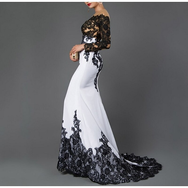 Mermaid Mother Of The Bride Dress Color Block Evening Dress Wedding Party Sweep / Brush Train Long Sleeve Off Shoulder Fall Wedding Reception Stretch Fabric with Lace