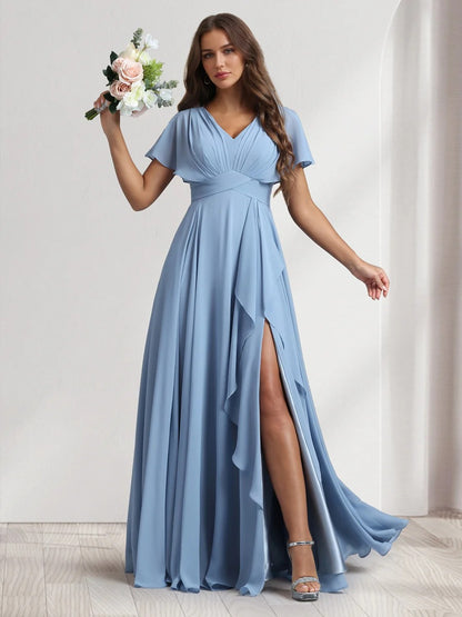 A-Line/Princess Chiffon V-Neck Short Sleeves Floor-Length Bridesmaid Dresses with Ruffle&Side Slit