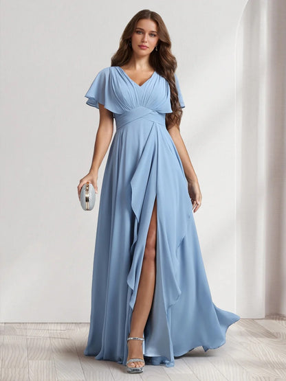 A-Line/Princess Chiffon V-Neck Short Sleeves Floor-Length Bridesmaid Dresses with Ruffle&Side Slit