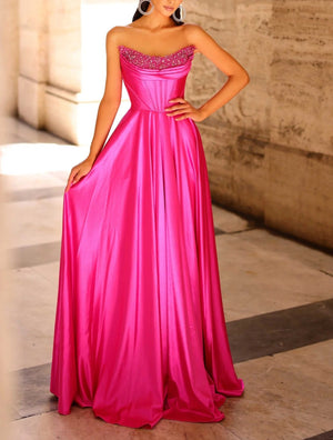 A Line/Princesses Prom Dresses Satin Strapless Floor-Length Formal Corset Dress With Sequins