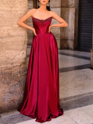 A Line/Princesses Prom Dresses Satin Strapless Floor-Length Formal Corset Dress With Sequins