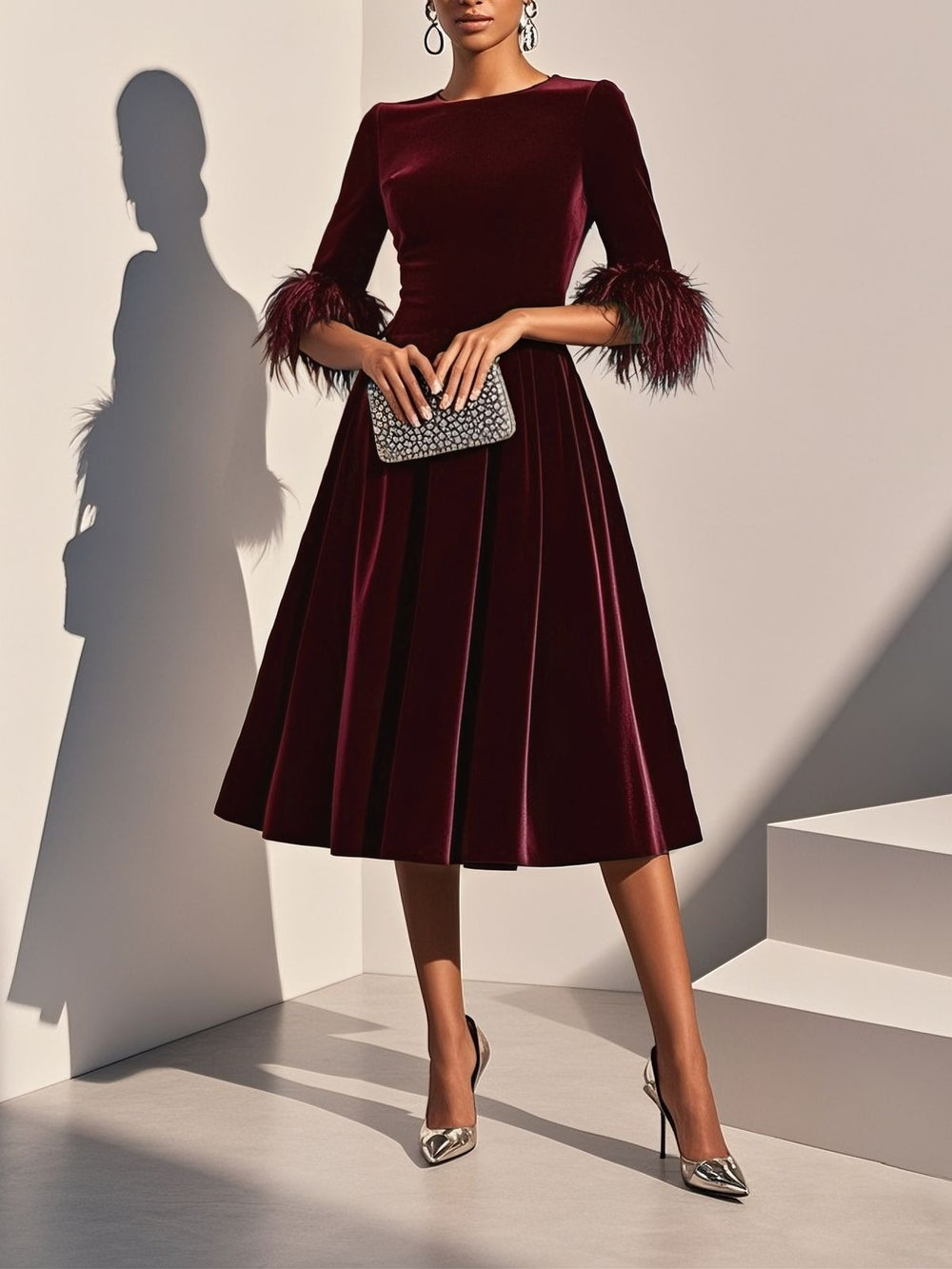 A Line Mother Of The Bride Dress Long Sleeve Party Dress Tea Length Velvet Formal Dress Vintage Feather Elegant Cocktail