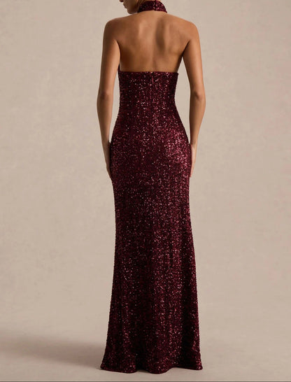 Mermaid Sequins Eveing Dress Formal Halter Neck Sleeveless Floor Length Sparkle Christmas Party