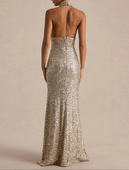 Mermaid Sequins Eveing Dress Formal Halter Neck Sleeveless Floor Length Sparkle Christmas Party