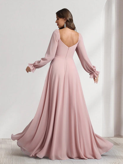 A-Line/Princess Chiffon Sweetheart Long Sleeves Floor-Length Bridesmaid Dresses with Pleats&Side Slit