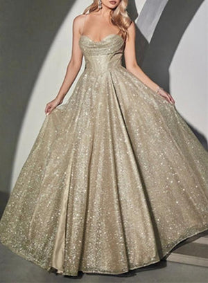 A-Line Gold Prom Dresses Glittering Dress Formal Evening Party Sweep / Brush Train Sleeveless Spaghetti Straps Tulle with Glitter Slit