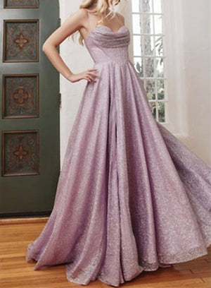 A-Line Gold Prom Dresses Glittering Dress Formal Evening Party Sweep / Brush Train Sleeveless Spaghetti Straps Tulle with Glitter Slit