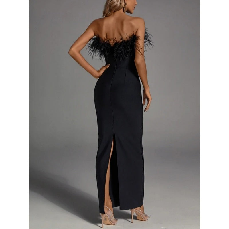 Mermaid Evening Party Dress Off The Shoulder Sleeveless Ankle Length Feather Black Dress Formal Black Tie