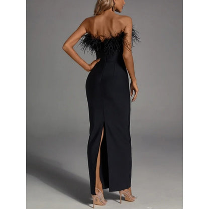 Mermaid Evening Party Dress Off The Shoulder Sleeveless Ankle Length Feather Black Dress Formal Black Tie