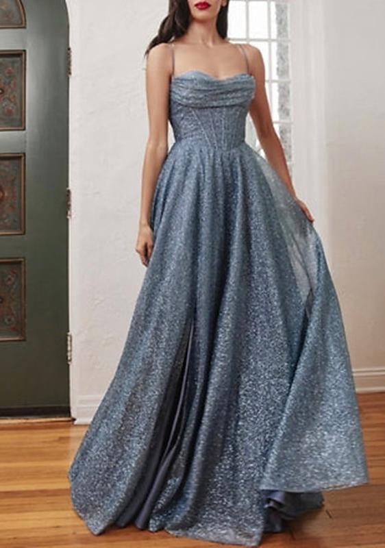 A-Line Gold Prom Dresses Glittering Dress Formal Evening Party Sweep / Brush Train Sleeveless Spaghetti Straps Tulle with Glitter Slit