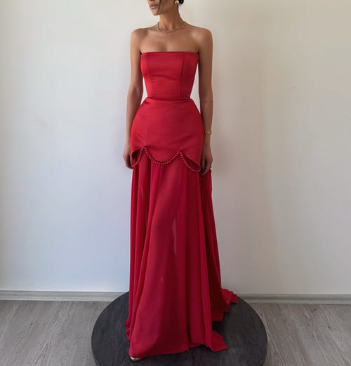 Sheath/Column Elegant Evening Dress Off Shoulder Sleeveless Floor Length Formal Wedding Dress with Pearls