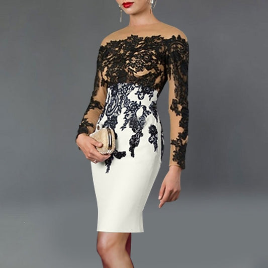 Sheath/Column Mother Of The Bride Dresses Elegant Cocktail Dress Color Block Kentucky Tea Length Long Sleeve Off Shoulder Stretch Fabric with Appliques