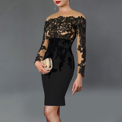 Sheath/Column Mother Of The Bride Dresses Elegant Cocktail Dress Color Block Kentucky Tea Length Long Sleeve Off Shoulder Stretch Fabric with Appliques