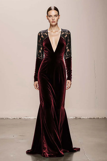 Sheath/Column Velvet  Evening/Formal Dress Floor-Length V-Neck Lace Long Sleeves With Back Zipper