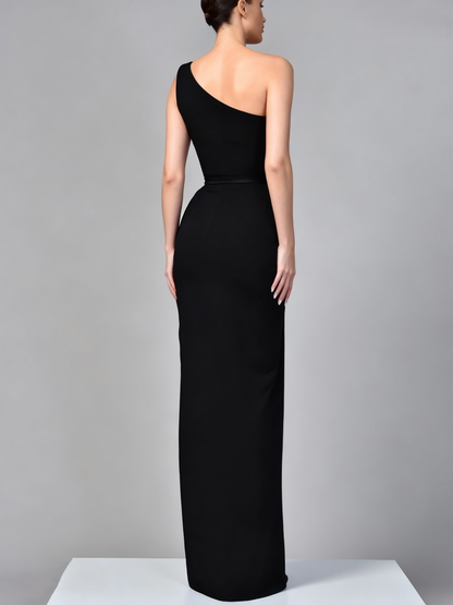 Black Evening Dress Mermaid Velvet Formal Dress One Shoulder Floor-length Black Prom Dresses High Split