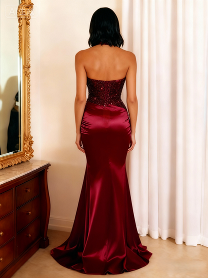 Sheath/Column Evening Dress Sequins Off The Shoulder Sleeveless Floor-Length High Side Split&Pleats Formal Christmas Dress With Back Lace-Up
