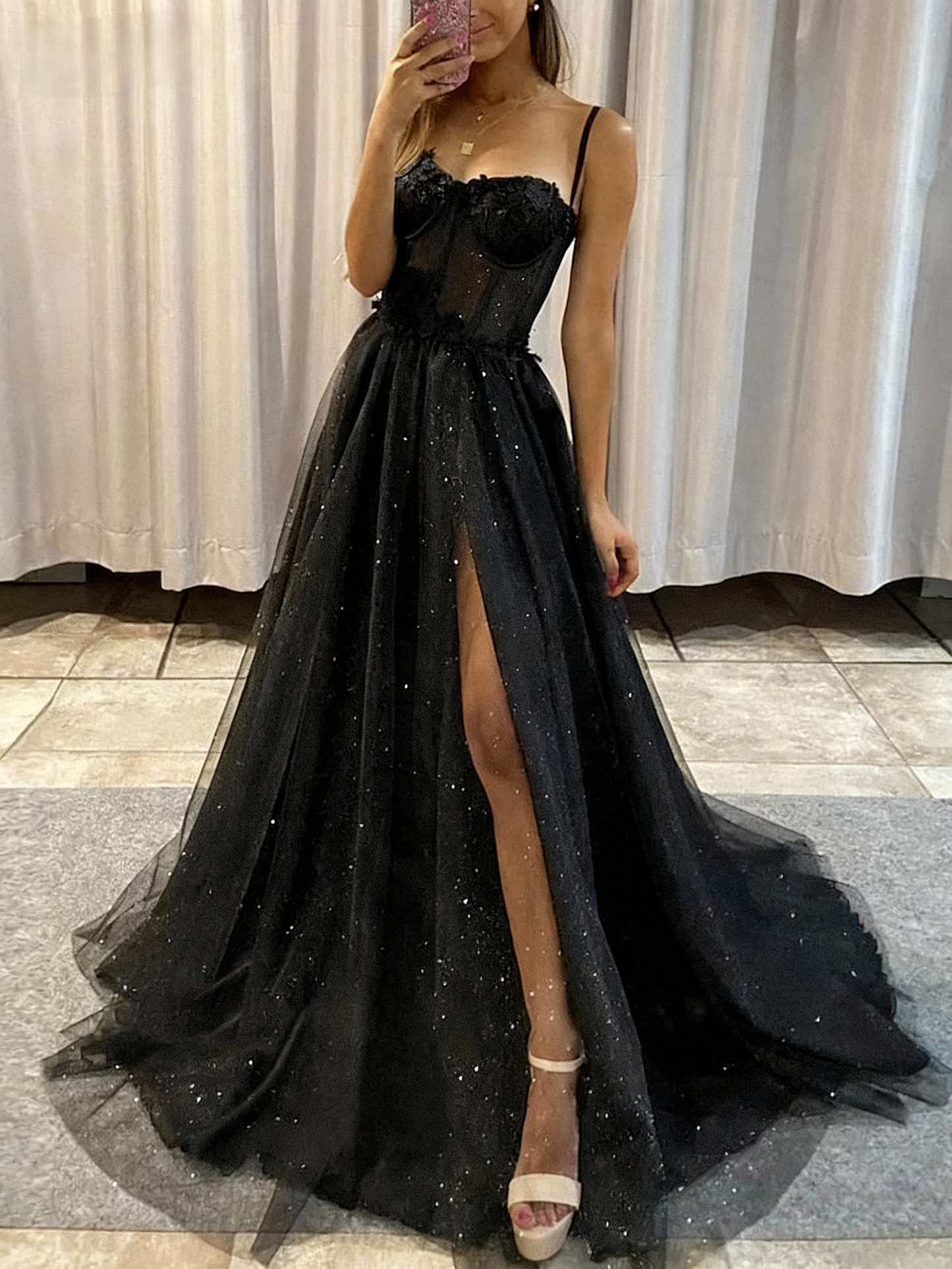 A-Line/Princess Long Prom Dresses Tulle Corset Spaghetti Straps Sleeveless Floor-length With Side Split
