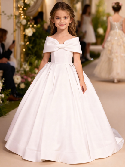 Ball Gown Flower Girl Dresses Satin Birthday Dresses Off-the-Shoulder Sleeveless Sweep/Brush Train Party Dresses With Bow