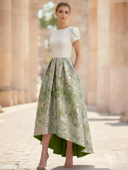A-Line Cocktail Dress Elegant Jacquard Floral Dress High Low Tea Length Short Sleeves Round Neck with Pocket Wedding Guest Dress