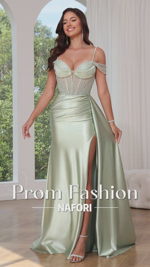 A Line/Princesses Prom Dresses Satin Spaghetti Straps Floor-Length Formal Corset Dress With Beads&Side Split