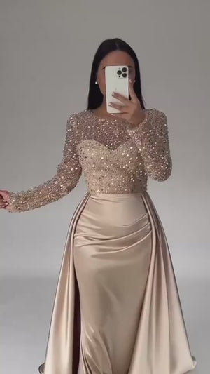 Mermaid Sequin Evening Gown Prom Dress Ruched Satin Dress Long Sleeves Masquerade Floor Length Illusion Neck with Pearls Overskirt Dress
