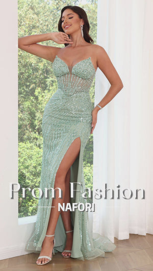 Trumpet/Mermaid Green Sequins Prom Dress Sweetheart Sleeveless Floor-length Corset Dress With Side Split&Tulle